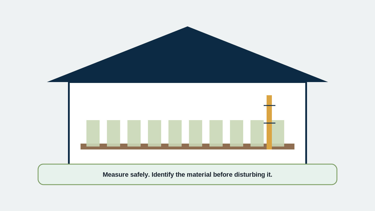 Illustration of a homeowner measuring attic insulation depth near the floor joists.