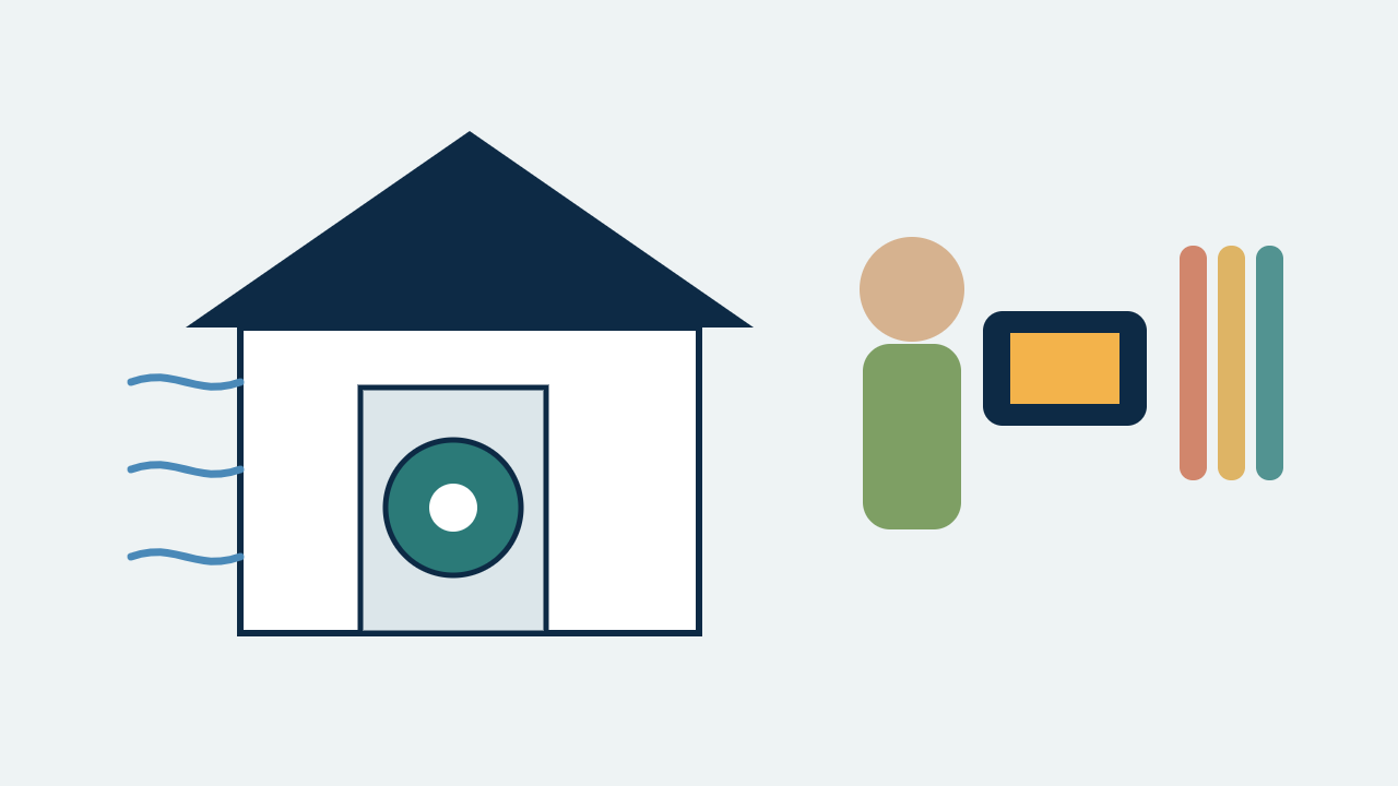 Illustration of a home energy assessor using a blower door and infrared camera to evaluate a house's envelope.
