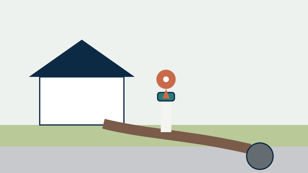 Illustration of a capped sewer cleanout pipe in a yard along the likely path between a house and the public sewer connection.