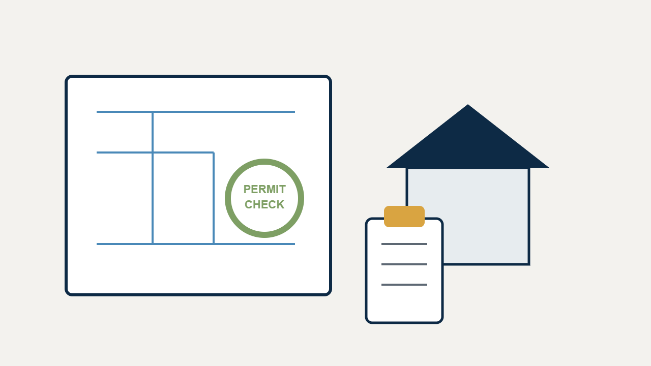 Illustration of a homeowner reviewing a building permit application alongside house plans.