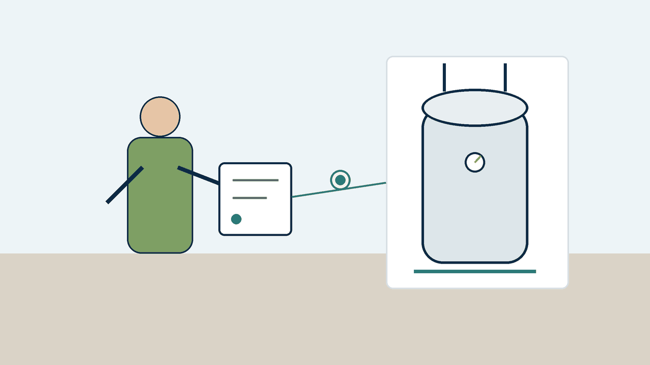 Illustration of a homeowner visually inspecting the base and connections of a residential water heater.