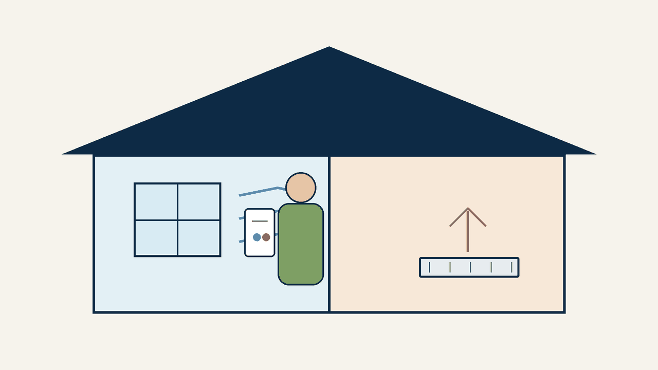 Illustration of a homeowner checking a supply register and comparing airflow between rooms.