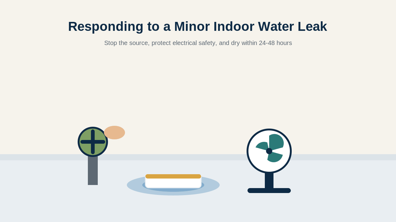 Illustration of a homeowner drying a small indoor water leak with towels and a fan while checking the shutoff valve.