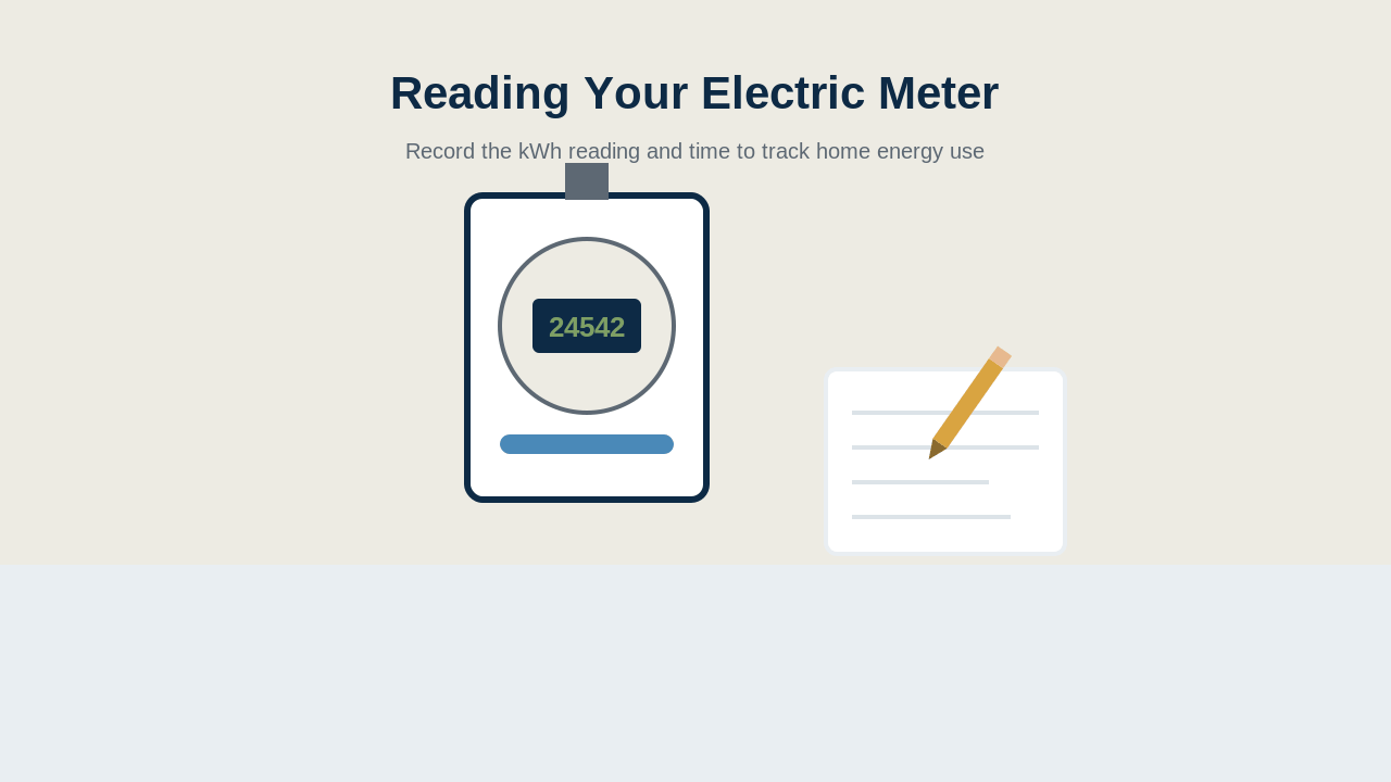 Illustration of a homeowner reading a digital electric meter and recording the kWh number in a notebook.