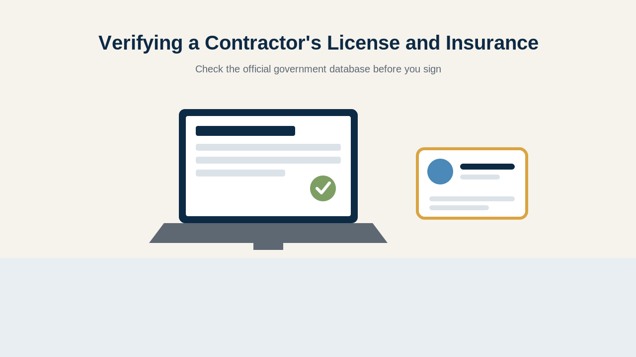 Illustration of a homeowner checking a contractor's license number against an official state licensing website.